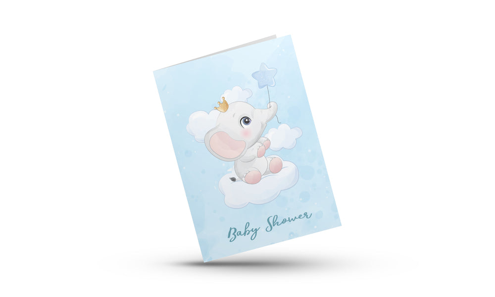 Kort Dobbelt m/konvolut Baby Shower Lyseblå M/ Elefant