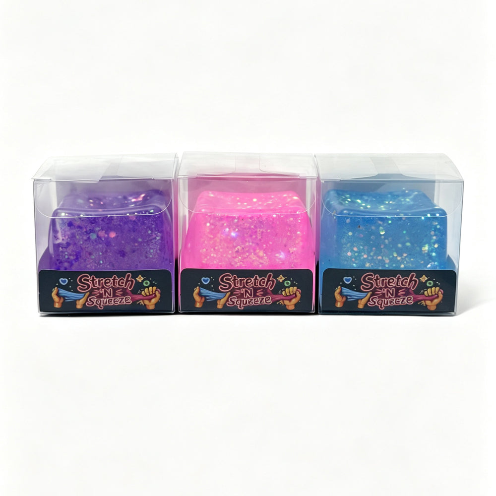 Squishy terning m/glimmer pink/lilla/blå ass