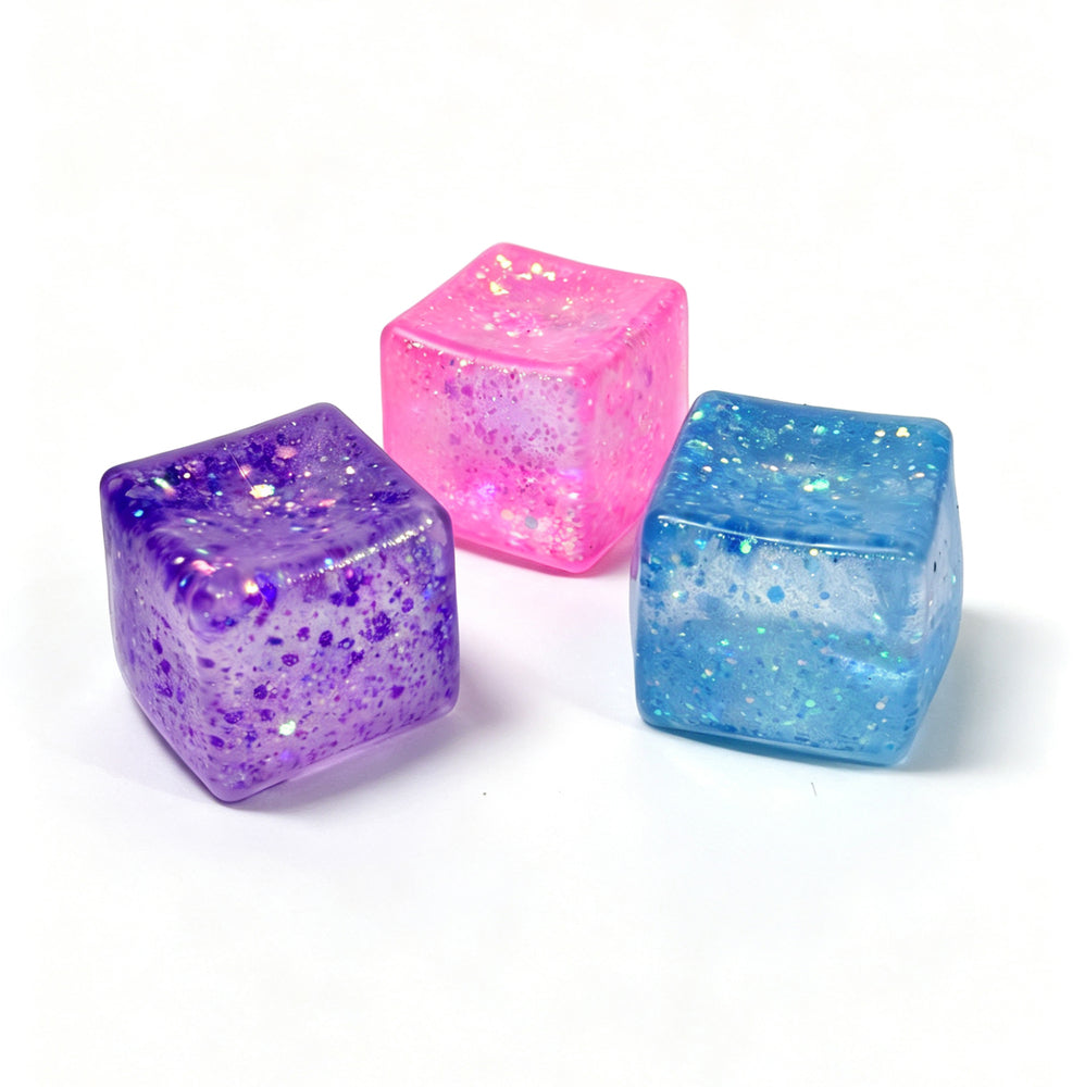 Squishy terning m/glimmer pink/lilla/blå ass