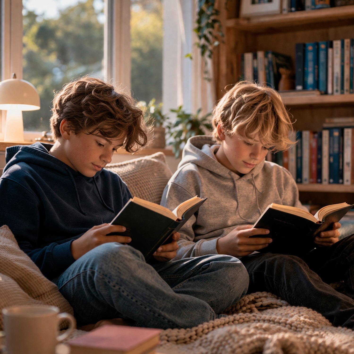2 drenge onkrimg 10 år sidder i en sofa og læser i hver sin bog. AI genereret