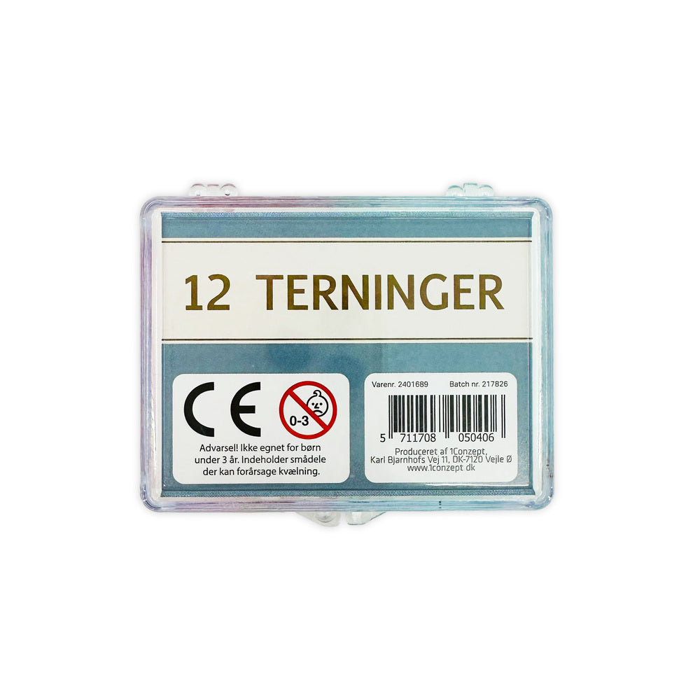 Terninger 12 stk. transparent i æske