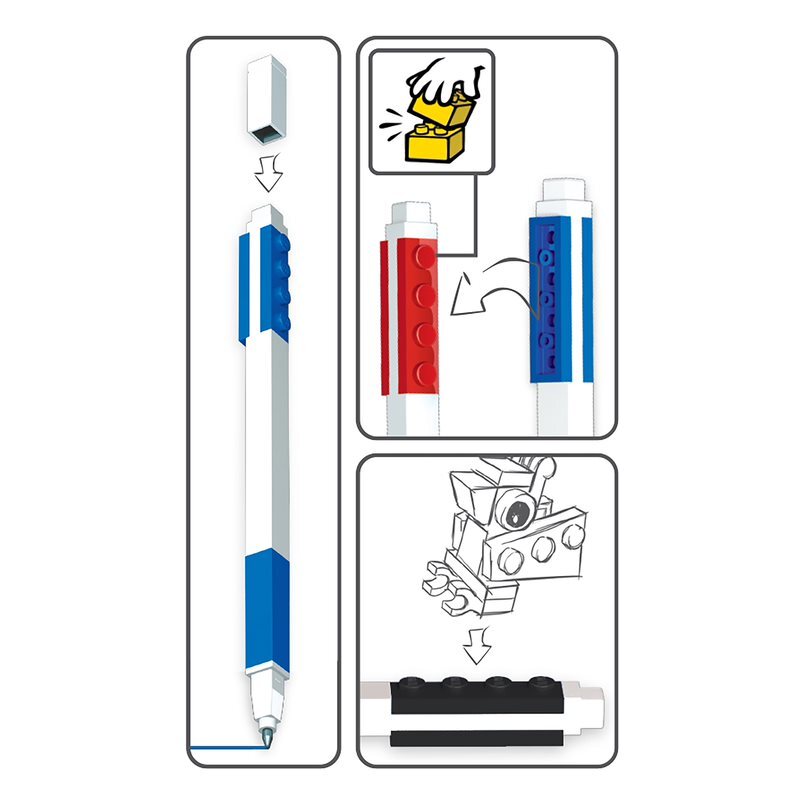 LEGO gelpens, 3 stk. rød, blå og sort i box
