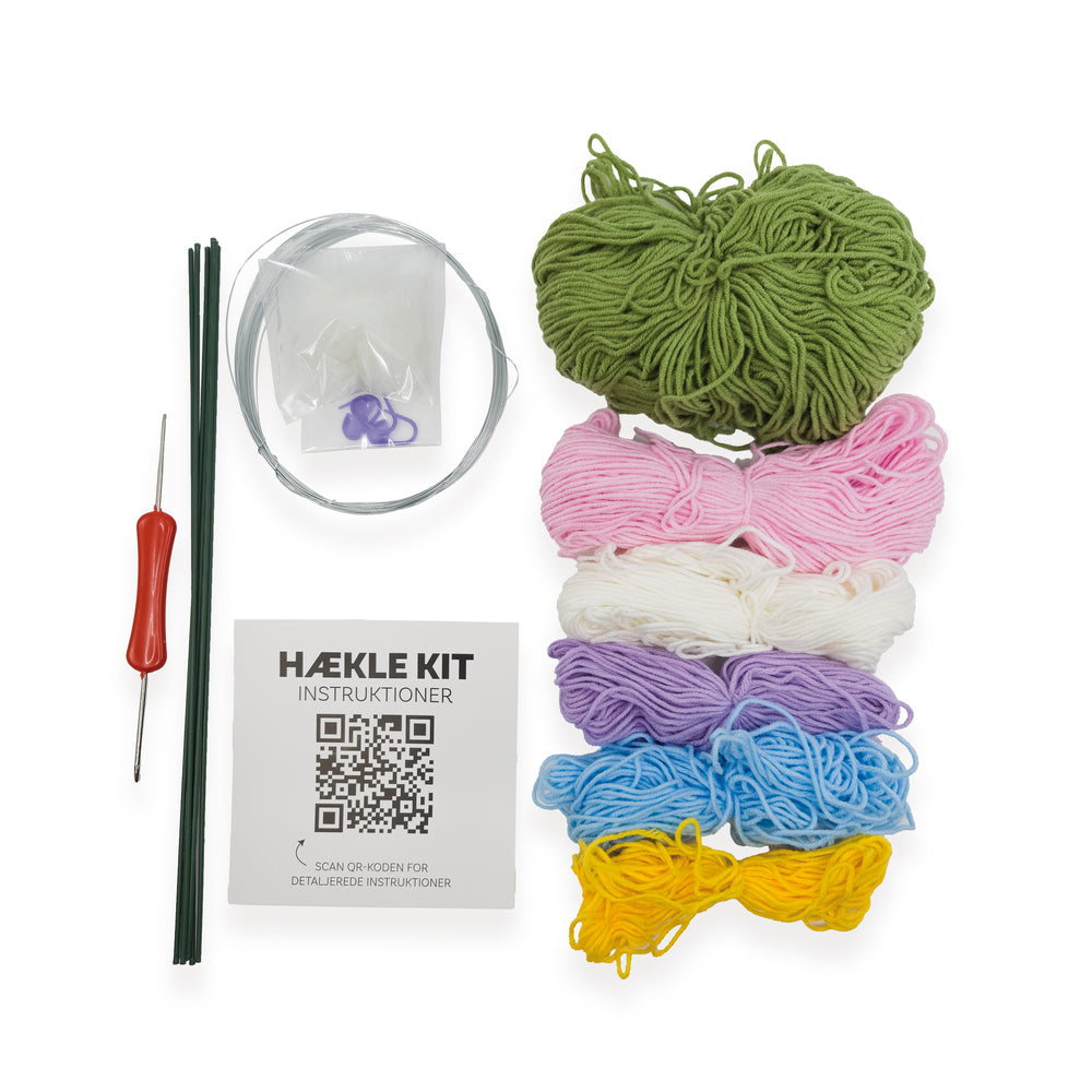 Hækle kit pastel blomster 6 stk blå, pink, hvid, lilla, grøn