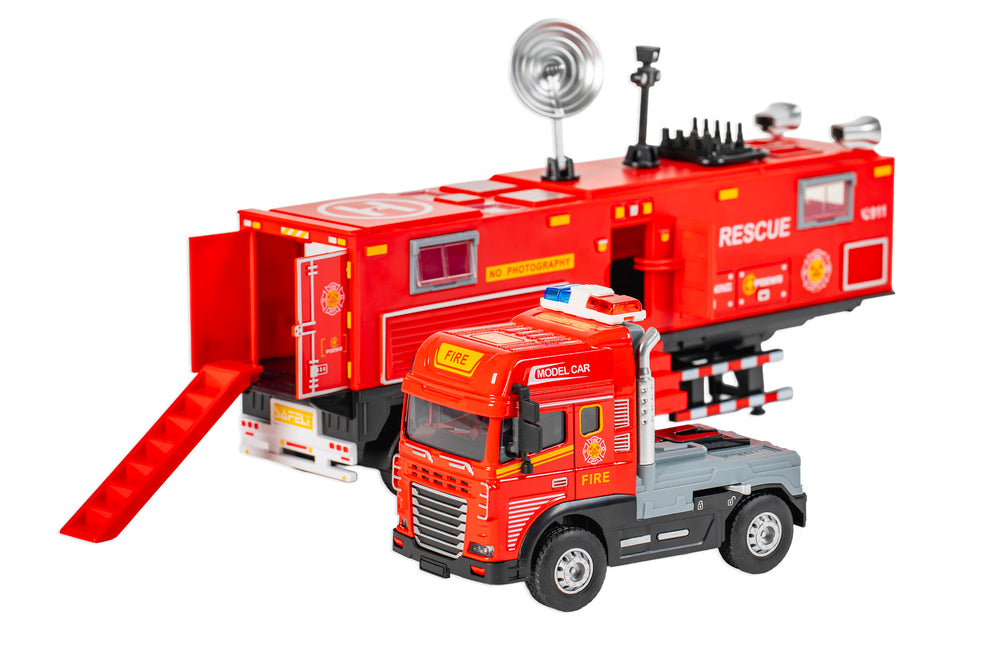 Die-cast brandbil med anhænger, lys og lyd