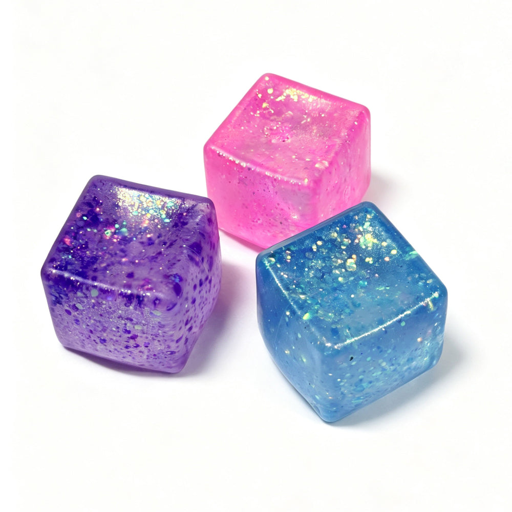 Squishy terning m/glimmer pink/lilla/blå ass